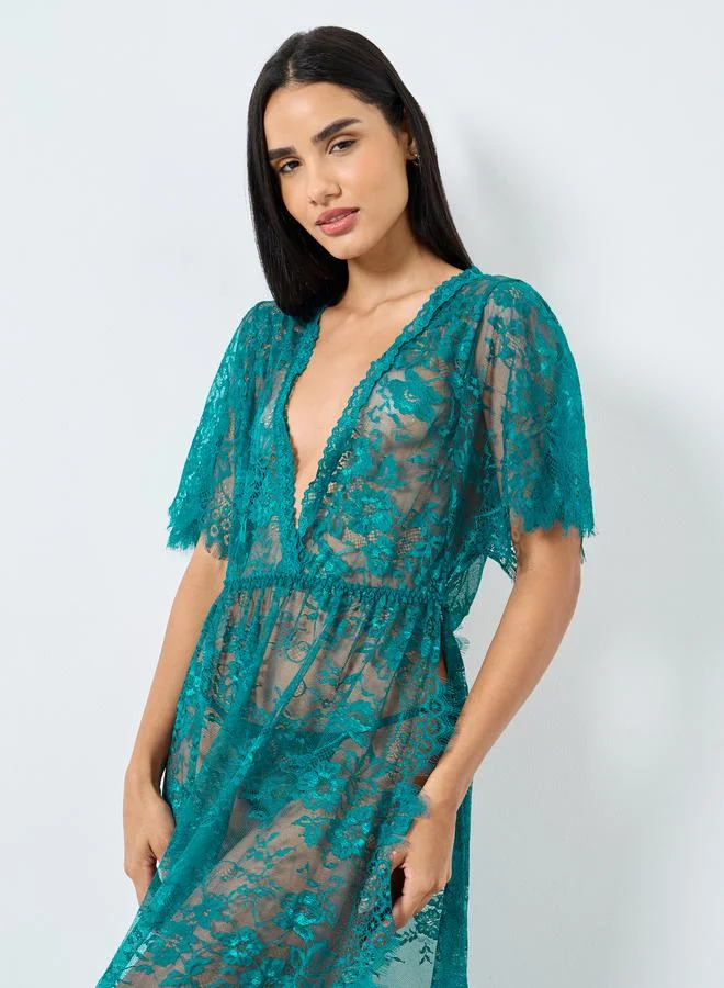 Styli Styli Floral Pattern Lace Maxi Slip Dress with Thigh High Slit and Brief