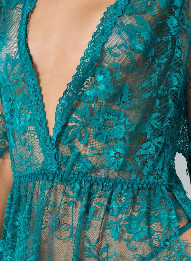 Styli Styli Floral Pattern Lace Maxi Slip Dress with Thigh High Slit and Brief