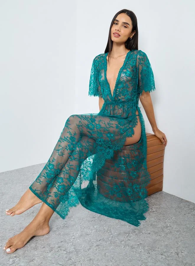 Styli Floral Pattern Lace Maxi Slip Dress with Thigh High Slit and Brief