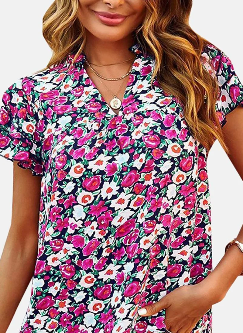 يونيكي Red Casual Polyester V-Neck Short Sleeves Printed Tops