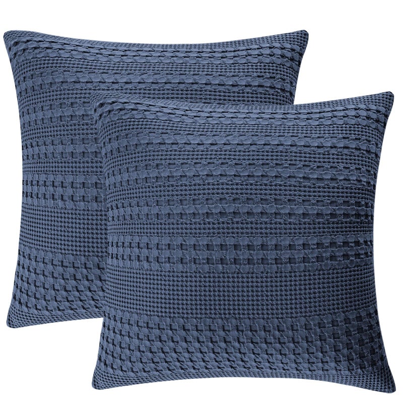 PHF 100% Cotton Waffle Weave Euro Sham Covers  2 Pack 26"" x 26"" Pillow Covers for Elegant Home Decorative  No Insert  Aesthetic Decorative Euro Throw Pillow Covers for Bed Couch Sofa  Dark Navy - Image 1