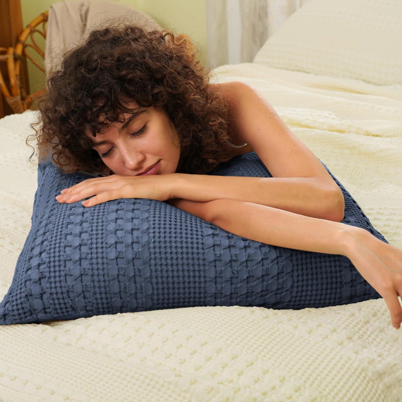 PHF 100% Cotton Waffle Weave Euro Sham Covers  2 Pack 26"" x 26"" Pillow Covers for Elegant Home Decorative  No Insert  Aesthetic Decorative Euro Throw Pillow Covers for Bed Couch Sofa  Dark Navy - Image 2