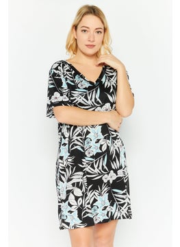 Women Floral Print Sleepwear Dress, Black