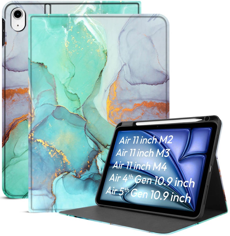 Robustrion Case Cover for iPad Air 11 inch M4 / M3 / M2 (2024/2025) / iPad Air 5th Generation Cover / 4th Gen 10.9" with [Pencil Holder Right Side] [Auto Sleep Wake] Folio Cover Case - Marble Green - Image 1