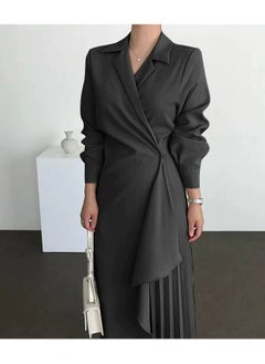 Loquat Ladies Tunic Dress Solid Color Formal Elegant Asymmetrical Pleated Design Vintage Long Suit Dress for Women Casual Ramadan Black  - Image 1