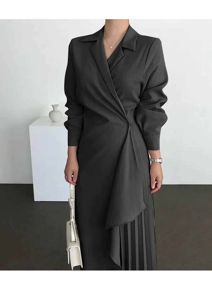 Loquat Ladies Tunic Dress Solid Color Formal Elegant Asymmetrical Pleated Design Vintage Long Suit Dress for Women Casual Ramadan Black  - Image 1