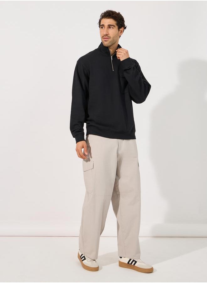 Styli - Quarter Zip Rib High Neck Relaxed Fit Sweatshirt - Image 1