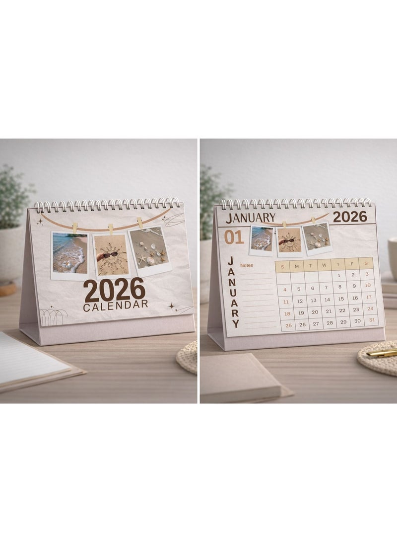 Desk Calendar 2026, Beach and Sea Design, Ring Table Calendar, with Space for Notes and Photos