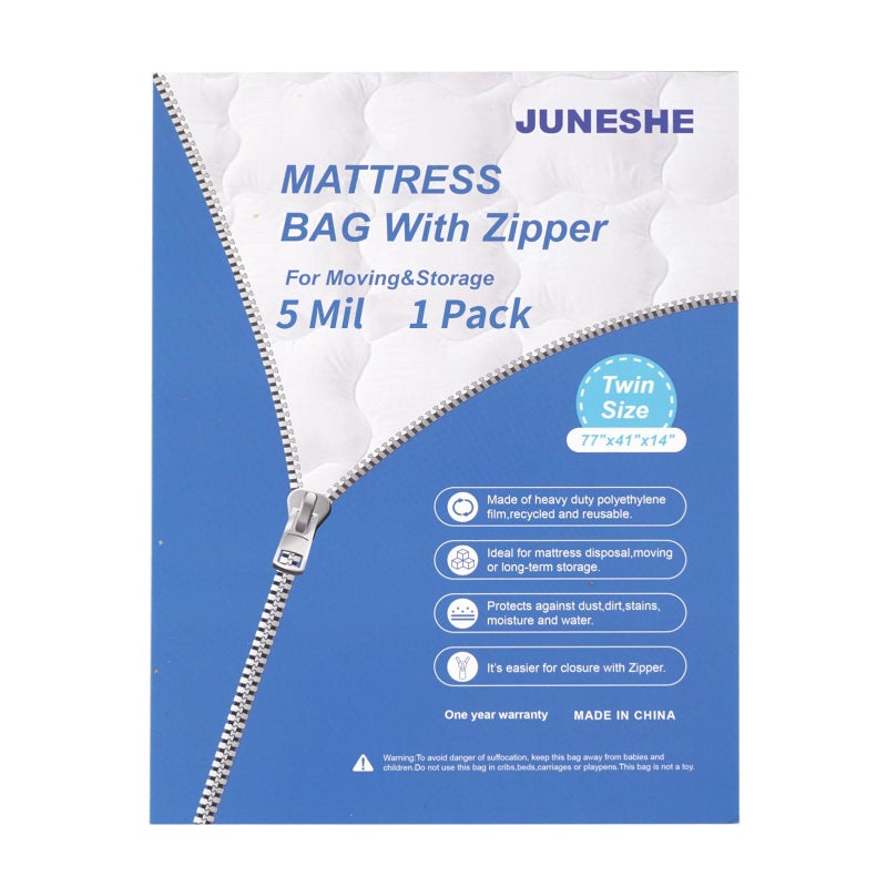 JUNESHE 5 Mil Twin Size Mattress Bag with Zipper for Storage Moving Heavy Duty Plastic Waterproof Mattress Protector Cover Moving Supplies