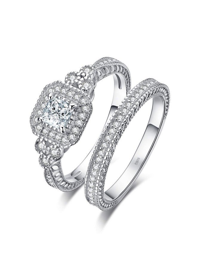 JewelryPalace - Wedding Bands Engagement Rings For Women, 14K Gold Plated 925 Sterling Silver Cubic Zirconia Promise Rings, Vintage Thick Anniversary 2Ct Princess Cut Halo Simulated Diamond Ring Set 8 - Image 1