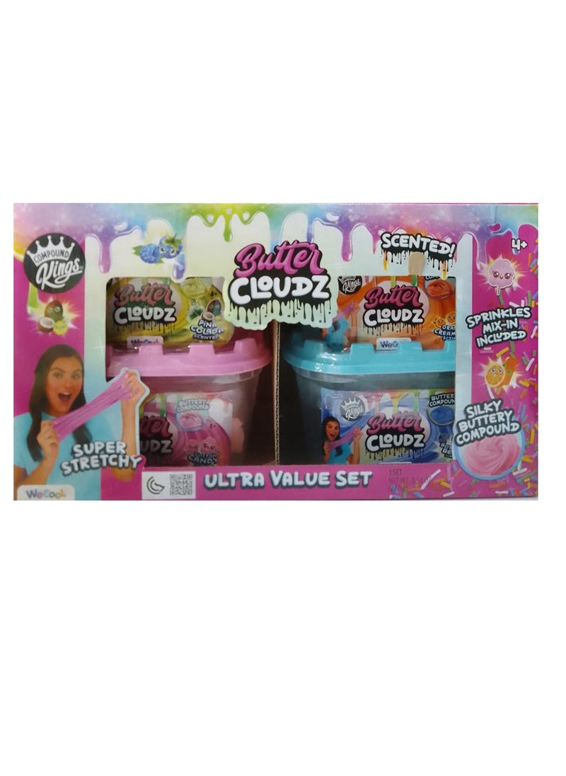 COMPOUND Kings - Fluffy Butter Cloudz Compound Bucket For Girls & Boys | Sensory Toys | Non-Toxic & Non-Sticky | Stress Relieving Pina Colada Scented| (Cotton Candy Scented)-Orange Creamsicle Scented ( Blue Razz Berry Scented) - Image 1
