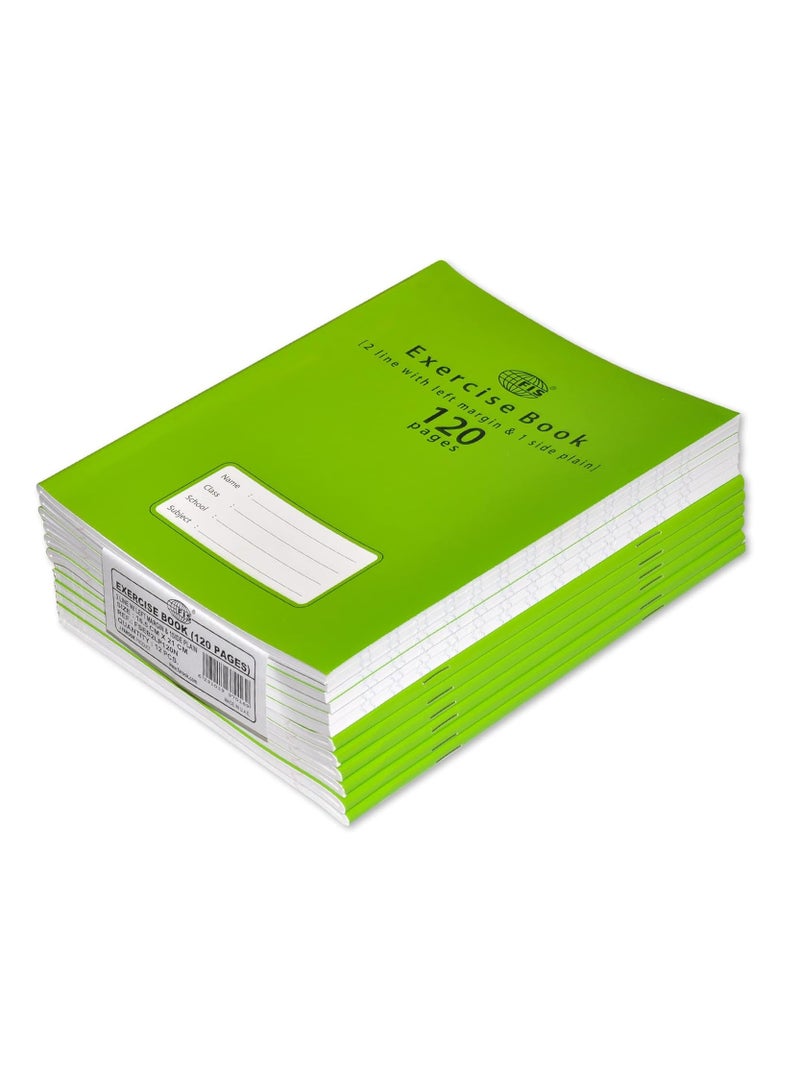 FIS Exercise Book, Size 165x210mm, 60 Sheets, 120 Pages, 2 Line with Left Margin & 1 Side Plain, Packet of 12 Pieces, Neon Green Cover-FSEB2LP120N - Image 1