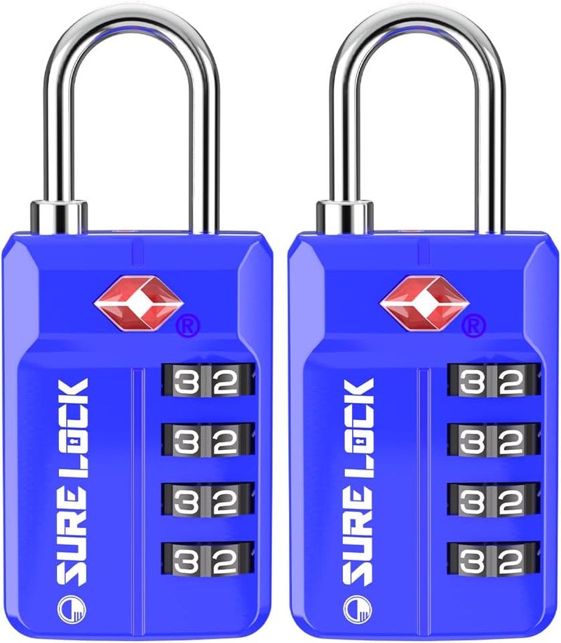 SURE LOCK TSA Approved 4-Digit Resettable Combination Luggage Locks with Open Alert, Easy-Read Dials - for Luggage, School Lockers, Gym, Office, Toolbox & Security Cases(Blue 2 Pack) - Image 1