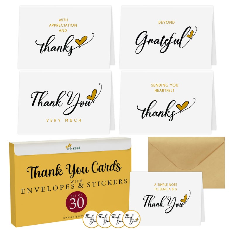Only Zest Bulk Thank You Cards with Envelopes Set and Stickers - 30 Pack, 4 x 6 in Blank Simple Thank You Notes - Minimalist Box for Weddings, Baby Showers, Birthdays, Small Businesses - Image 1
