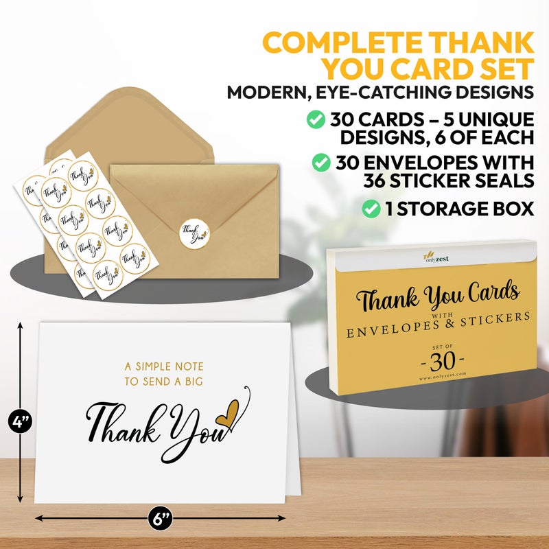 Only Zest Bulk Thank You Cards with Envelopes Set and Stickers - 30 Pack, 4 x 6 in Blank Simple Thank You Notes - Minimalist Box for Weddings, Baby Showers, Birthdays, Small Businesses - Image 3