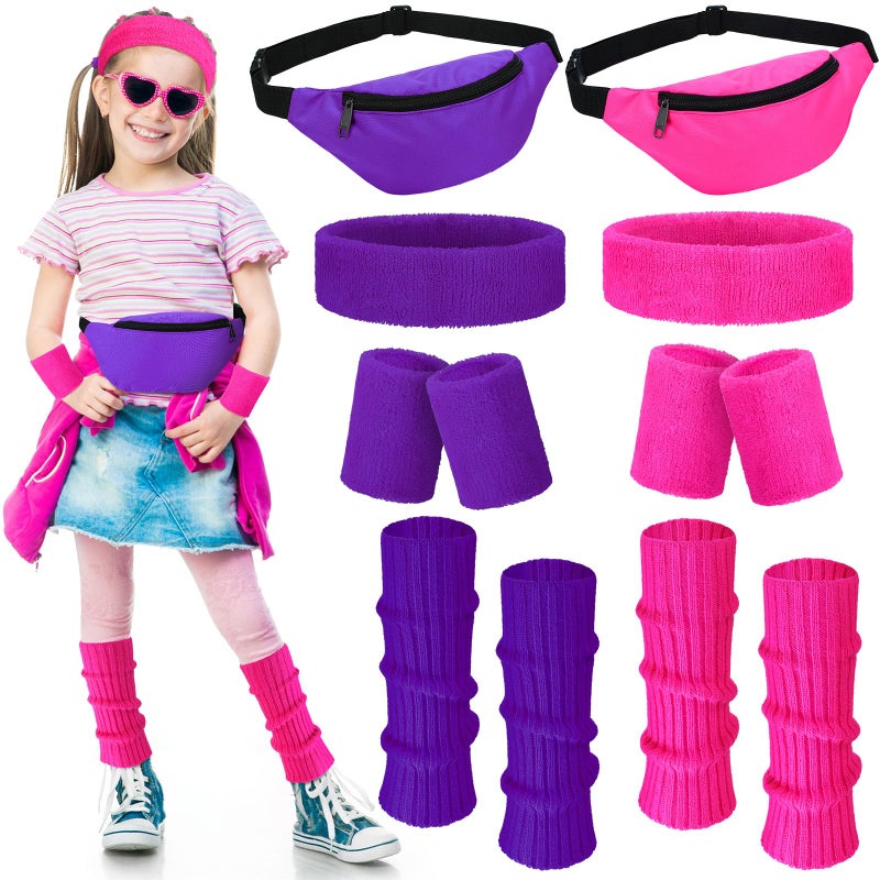 Giegxin Giegxin 2 Set 80s Leg Warmers Set for Girls Kids Neon Ribbed Knit Leg Warmers Fitness Headband Wristbands for Cosplay PartyRose Red Purple