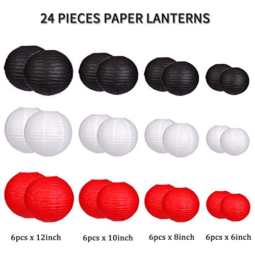 zilue 24pcs Hanging Round Paper Lanterns for Wedding Birthday Party Baby Showers Decoration Black/Red - Image 2