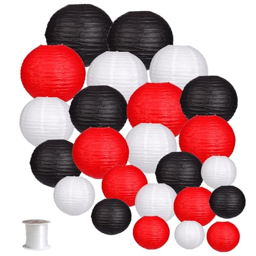 zilue 24pcs Hanging Round Paper Lanterns for Wedding Birthday Party Baby Showers Decoration Black/Red - Image 1