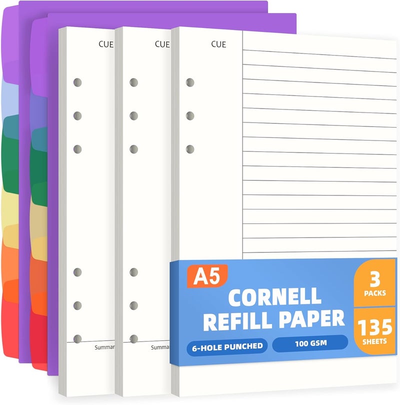 Antner A5 Cornell Notes Refill Paper for A5 6-Ring Binder, 135 Sheets 6-Hole Filler Paper with Note/Cue/Summary Sections & 12 Dividers for Refillable Notebook, Bullet Journal & Meeting Planner Inserts - Image 1
