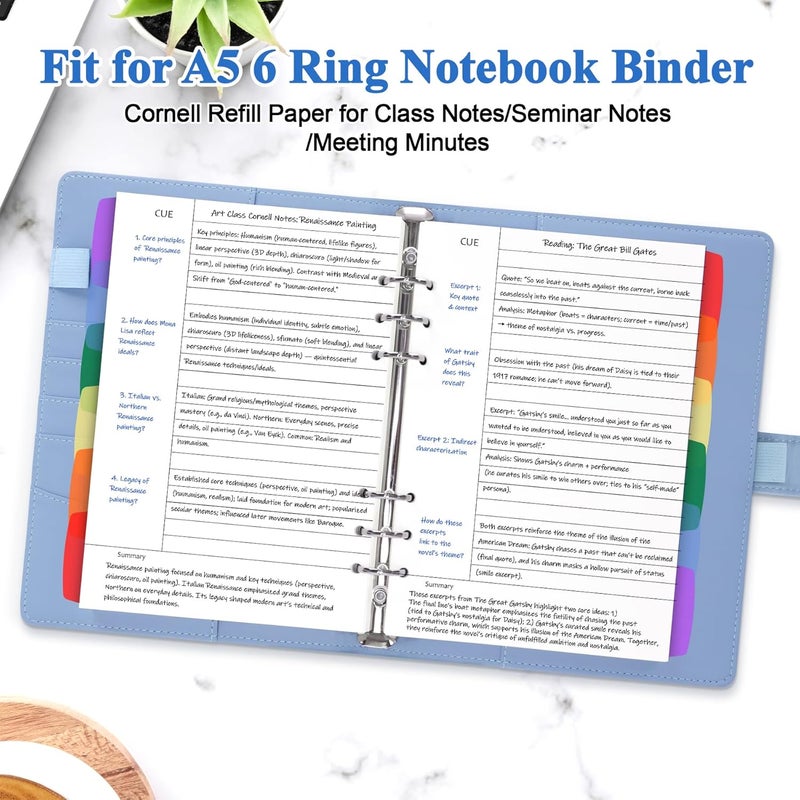 Antner A5 Cornell Notes Refill Paper for A5 6-Ring Binder, 135 Sheets 6-Hole Filler Paper with Note/Cue/Summary Sections & 12 Dividers for Refillable Notebook, Bullet Journal & Meeting Planner Inserts - Image 4