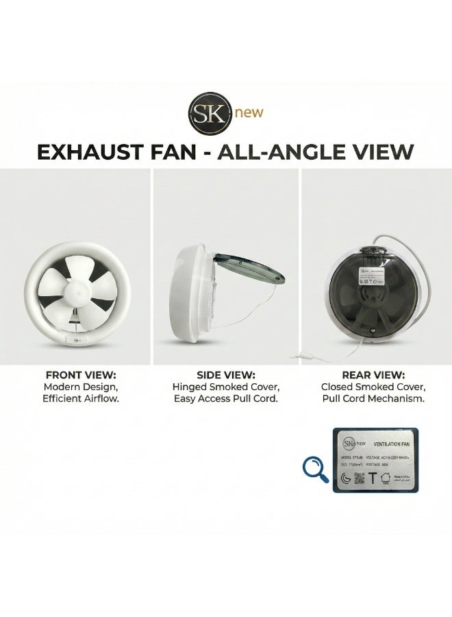 SK 6 Inch Round Exhaust Fan - AC 110V/220V Dual Voltage Support - 15x15 cm - 28W Energy Efficient - High-Speed Ventilation for Kitchen & Bathroom - White Round Ceiling/Wall Fan - Image 4