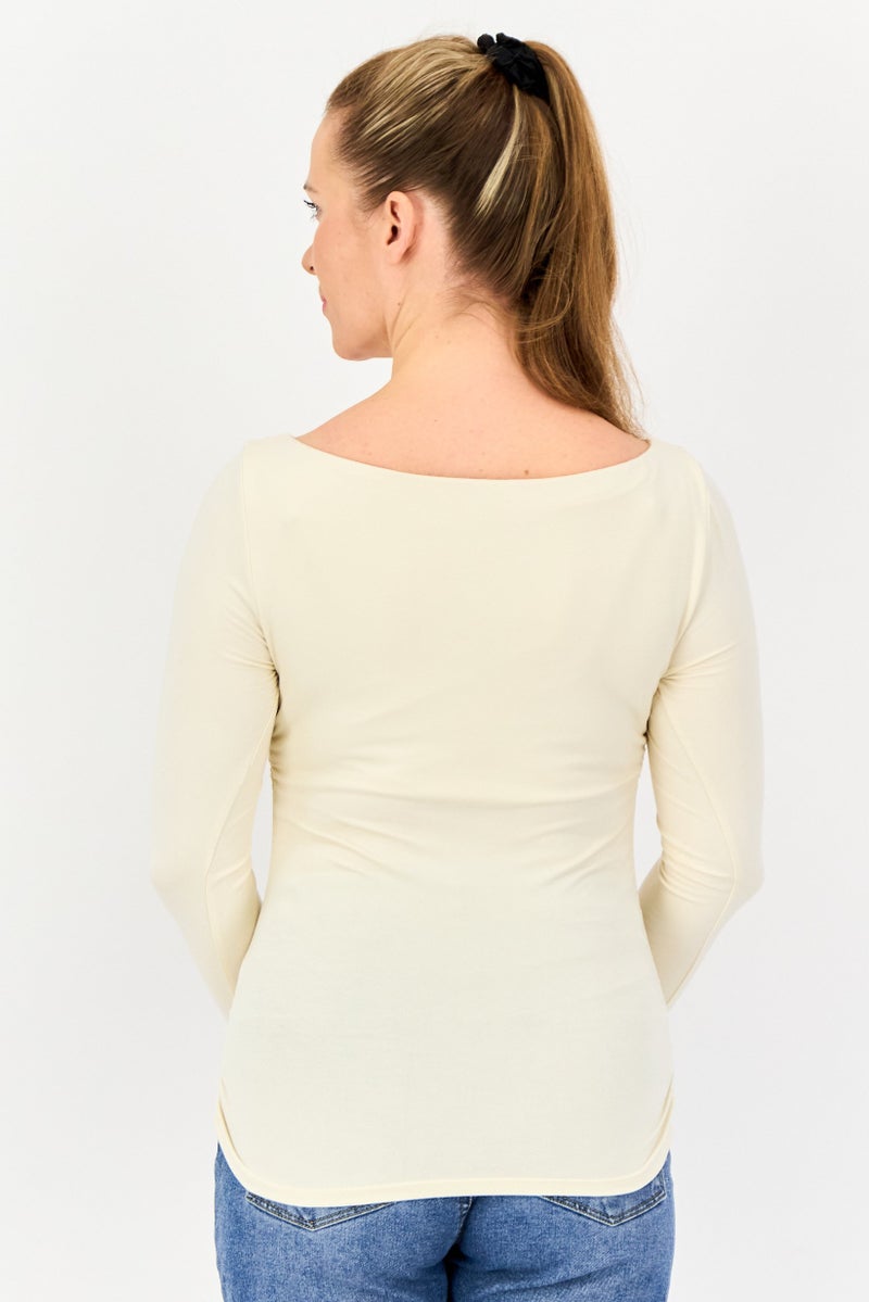 bebe Women Crew Neck Long Sleeve Solid T Shirt, Cream - Image 4