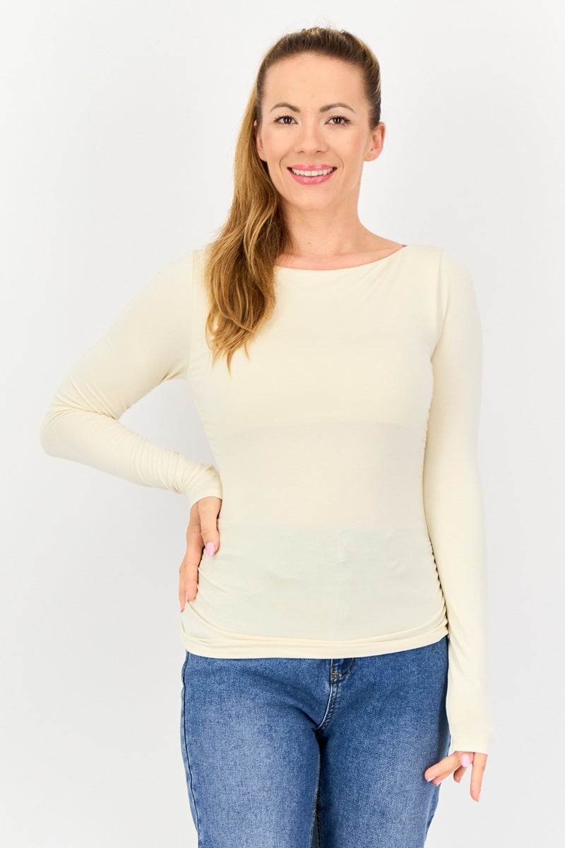 bebe Women Crew Neck Long Sleeve Solid T Shirt, Cream - Image 1