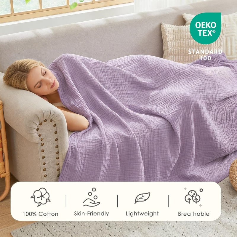 EMME Cotton Throw Blanket for Couch Soft Muslin Blankets 127x152cm Lightweight Breathable Blanket All Season Gauze,Purple - Image 3
