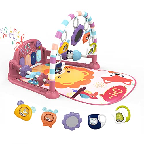 Dearlomum Play Mat and Gym Piano Tummy Time Activity Mat With 5 Sensory Toys Music and Lights Gifts for Newborn 0 to 12 Months New Pink