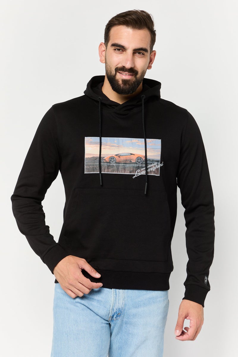 LAMBORGHINI Men Embroidered Logo Long Sleeves Hoodie, Black  - Image 1