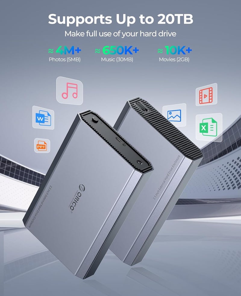 Orico Aluminum 3.5 Hard Drive Enclosure with USB 3.2 Gen 2 6Gbps Transfer Speed, Fit for 3.5/2.5 Inch SATA HDD SSD Up to 20TB, USB C to USB C/A 2 in 1 Cable Compatible with MacBook Windows(DD35-C3) - Image 4