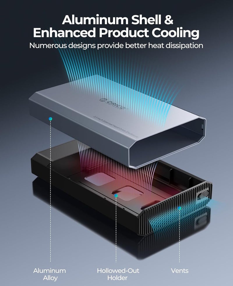 Orico Aluminum 3.5 Hard Drive Enclosure with USB 3.2 Gen 2 6Gbps Transfer Speed, Fit for 3.5/2.5 Inch SATA HDD SSD Up to 20TB, USB C to USB C/A 2 in 1 Cable Compatible with MacBook Windows(DD35-C3) - Image 2