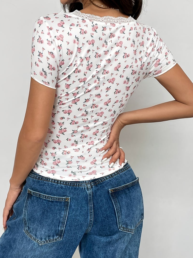 Women'S Spring Summer Fresh Small Floral Lace Patchwork Short Sleeve Top - White / XS - Image 5