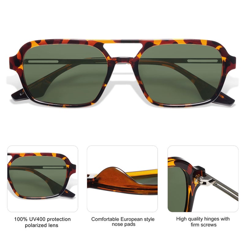 SOJOS Vintage Polarized Aviator Sunglasses for Women Men 70s Retro Flat Narrow Rectangular Womens Glasses SJ2186 with Leopard/Green Lens - Image 5