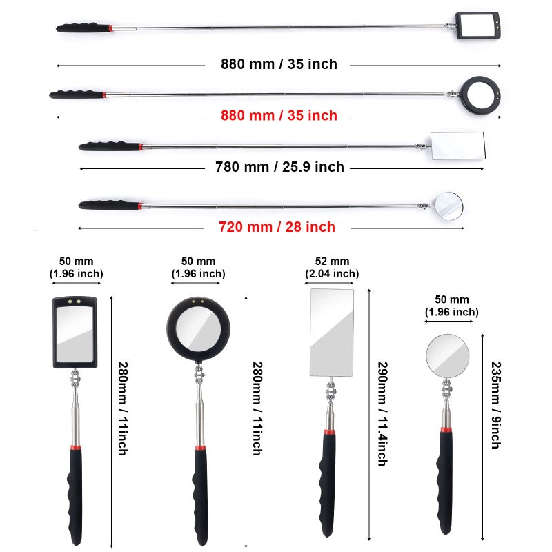 KABUDA 4PCS Telescoping Inspection Mirror LED Lighted Inspection Mirror for Mechanic Checking Vehicle, Car, Eyelashes, Mouth, Small Parts Observation (Extendable, Rectangle & Round) - Image 2
