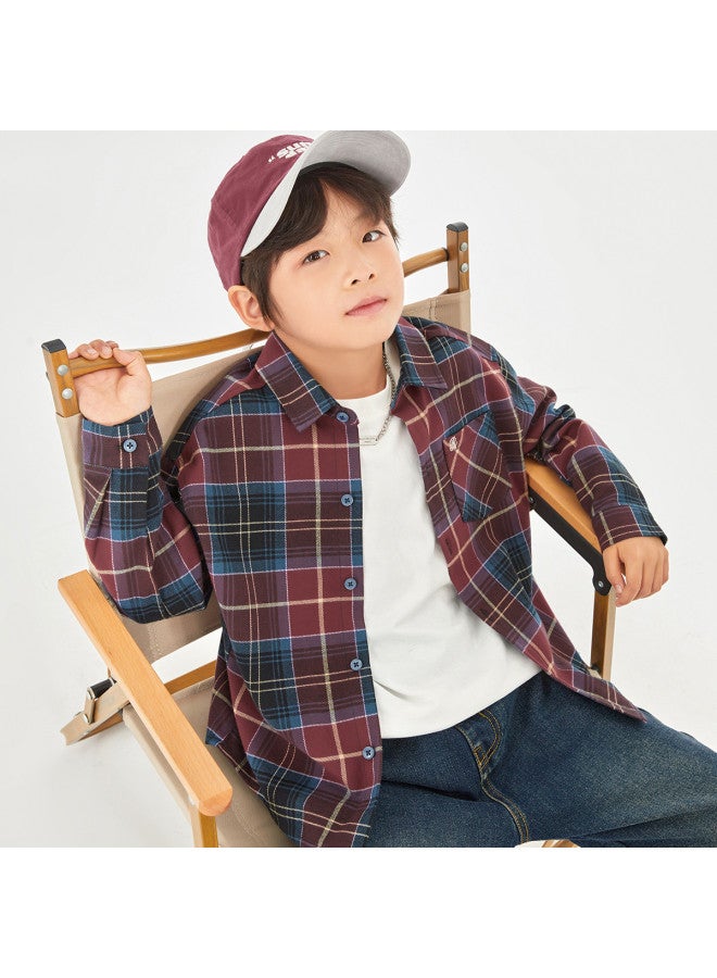 Soft Brushed Feel】boys' Shirt, Spring/autumn Style, Handsome Retro Plaid Top, Pure Cotton Jacket For Medium To Large Children - Image 4