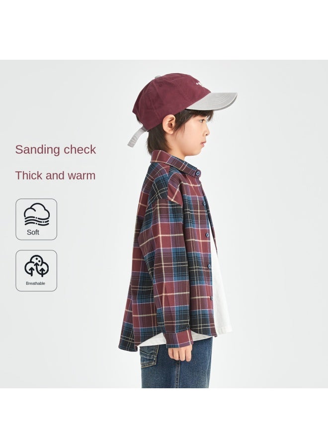 Soft Brushed Feel】boys' Shirt, Spring/autumn Style, Handsome Retro Plaid Top, Pure Cotton Jacket For Medium To Large Children - Image 2
