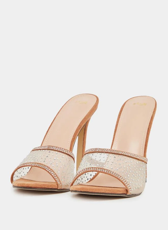 Styli Suede Look Embellished Stiletto Heel Sandals