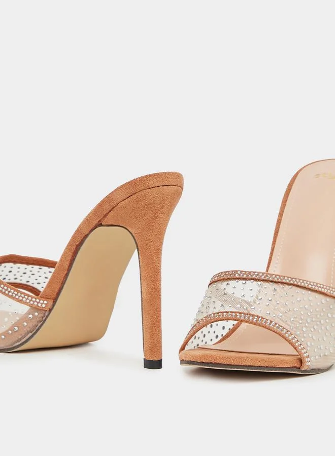 Styli Suede Look Embellished Stiletto Heel Sandals