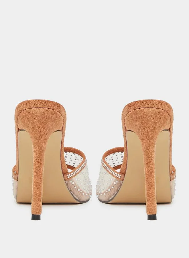 Styli Suede Look Embellished Stiletto Heel Sandals