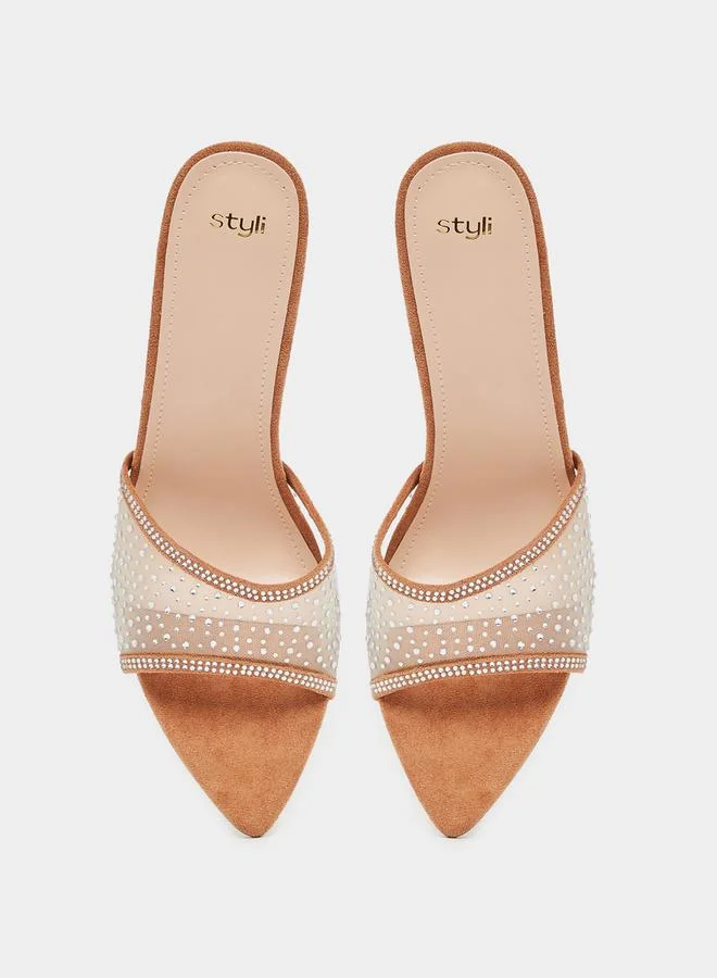 Styli Suede Look Embellished Stiletto Heel Sandals