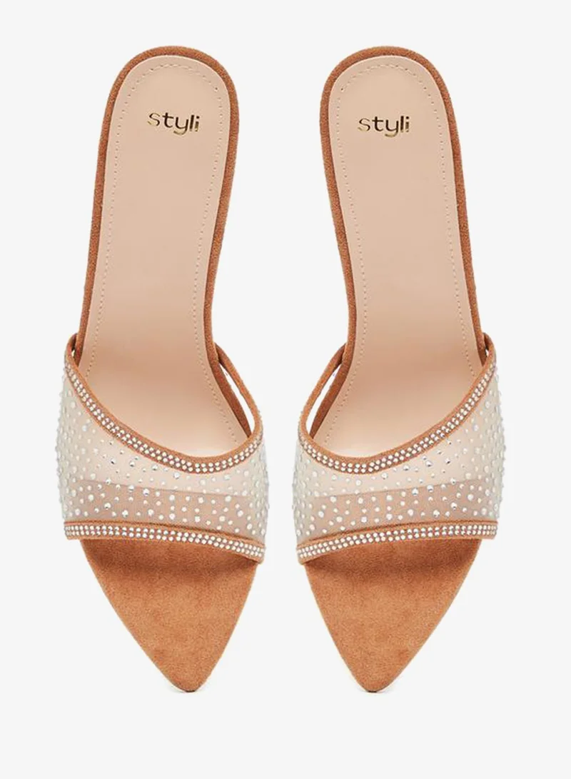 Styli  Suede Look Embellished Stiletto Heel Sandals for Women | Best Price UAE