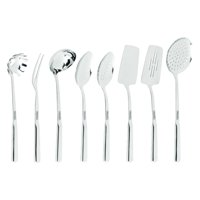 KITCHEN UTENSILS SET 8 PIECE STAINLESS STEEL COOKING UTENSIL SET INCLUDES SPATULAS SPOONS PASTA FORK DEEP LADLE MEAT FORK AND SKIMMER SILVER