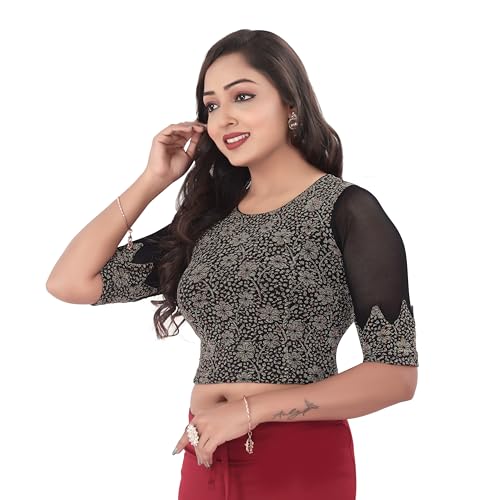 DESI GIRL - Round Neck Jacquard Regular Fit Saree Blouse for Women | Half Sleeve Readymade Stretchy Embroidered Design Festive Blouse Perfect for Saree, Lehenga, Kurti | Black - 42 - Image 2