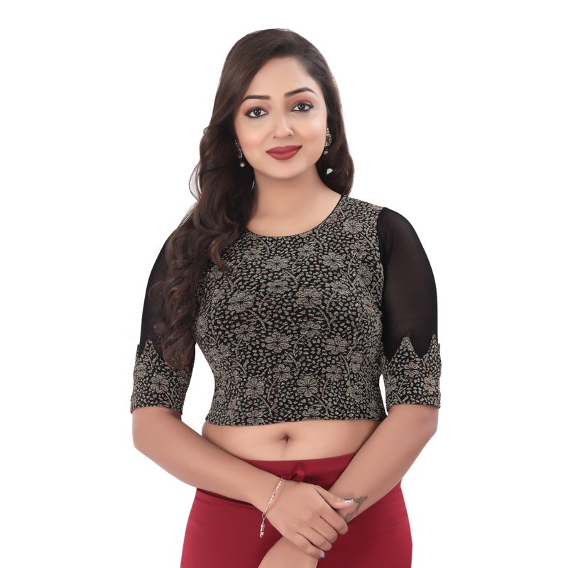 DESI GIRL - Round Neck Jacquard Regular Fit Saree Blouse for Women | Half Sleeve Readymade Stretchy Embroidered Design Festive Blouse Perfect for Saree, Lehenga, Kurti | Black - 42 - Image 5