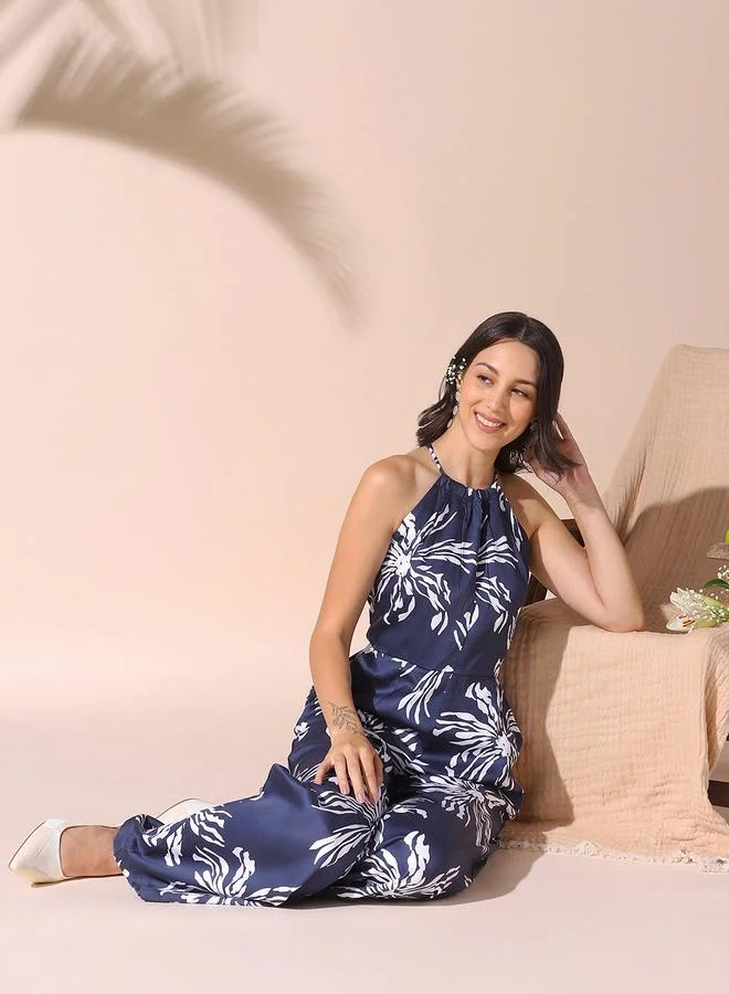 Dennis Lingo Women's Blue Rayon Satin Printed Knee Length Shirt Regular Fit Dress