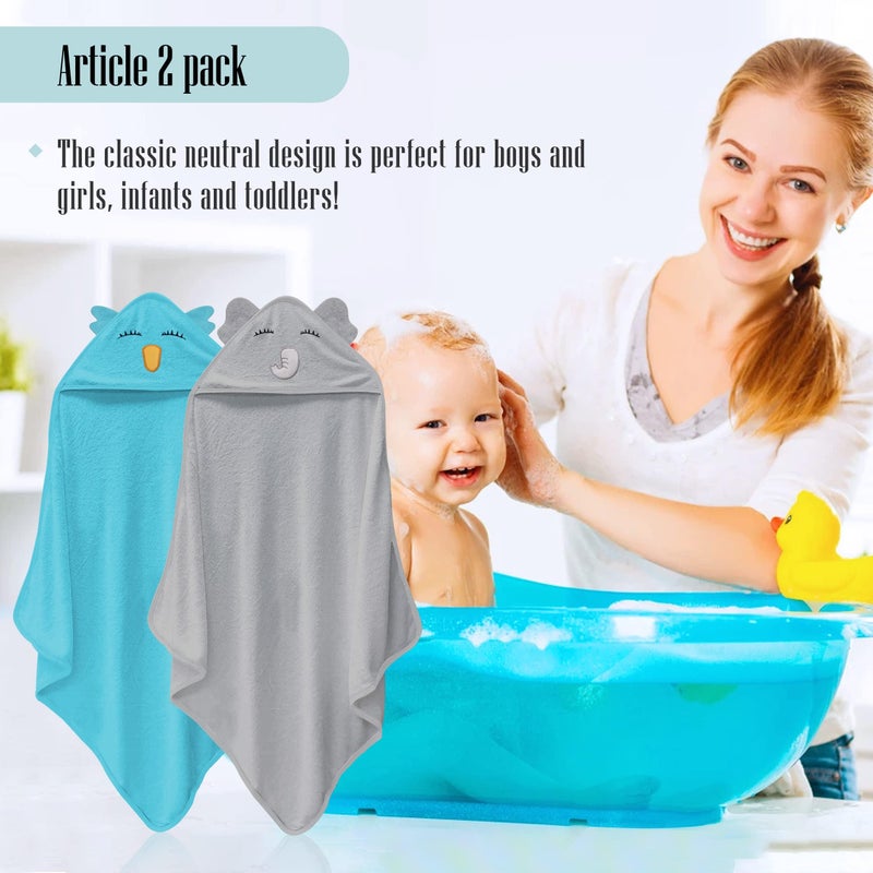 Cute Castle 2 Pack Hooded Baby Towel Rayon Made from Bamboo and 8 Washcloths - Lovely Elephant, Happy Bird - Image 2