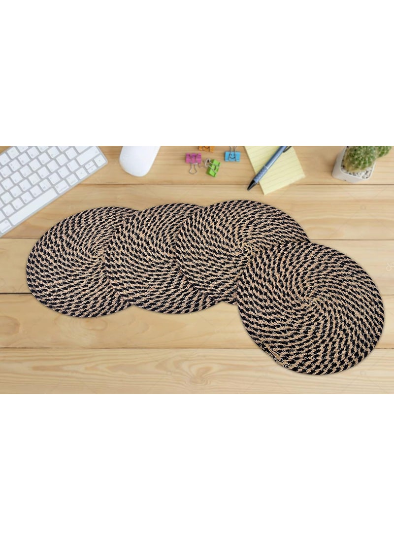 TSUKUYOMI TSUKUYOMI Pack of 4 Jute Rustic Vintage Place mat for Dining Table Bedside Table Tea Coaster Plate mat Decoration mat Square 30 cm Round Black Beige with 4 Tea Coaster  - Image 1