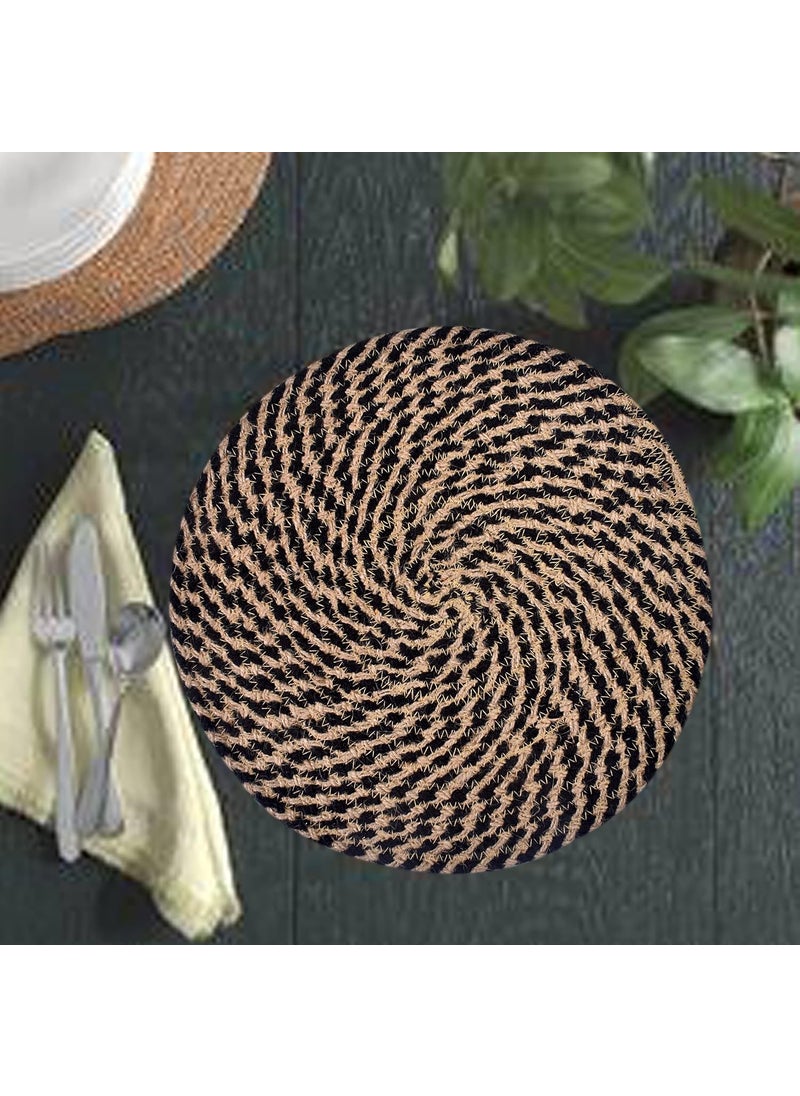 TSUKUYOMI TSUKUYOMI Pack of 4 Jute Rustic Vintage Place mat for Dining Table Bedside Table Tea Coaster Plate mat Decoration mat Square 30 cm Round Black Beige with 4 Tea Coaster  - Image 3