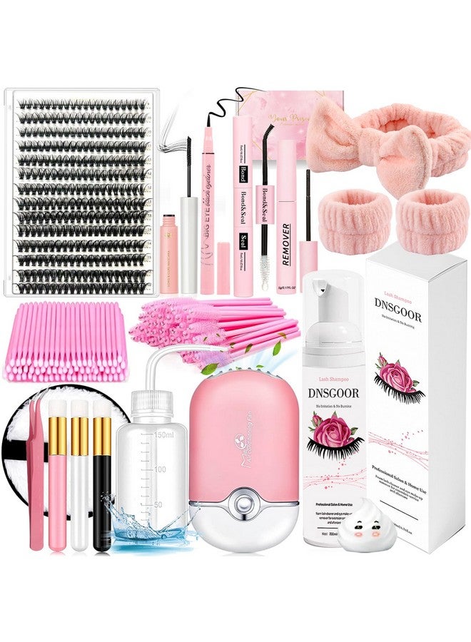 DNSGOOR DIY Lash Extension Kit with 280 PCS 9-16mm 40D Lashes Clusters 200ml/6.7fl.oz Lash Cleanser Eyelash Shampoo Mini USB Portable Lash Fan Bond and Seal Remover Eyeliner Eyelid Cleaning Brush - Image 1